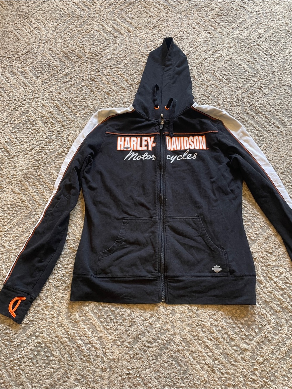 Harley-Davidson Black Hoodie with White Panels and Orange Trim